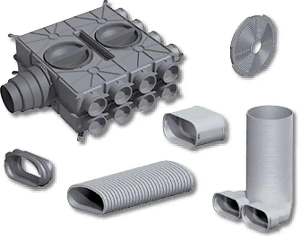 Zubehörset mit mehreren Komponenten, darunter ein quadratisches Element mit Öffnungen, zwei Rohre, ein Lüfter und diverse Adapter, gefertigt von Wolf.